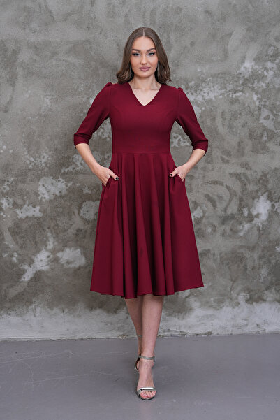 MAG FASHİON Burgundy Evening Dress Graduation Dress V-Neck Pocketed Three Qua...