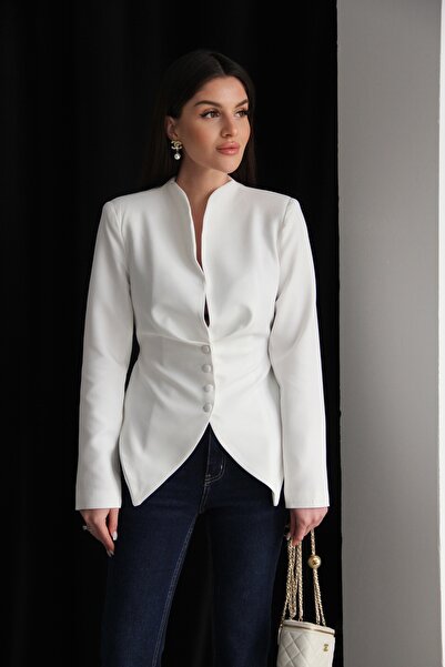 Julidress Padded Shoulders Premium Asymmetrical White Jacket with Lined Pens ...