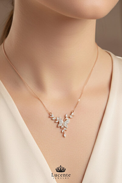 Lucente Jewellery Işıklı Hediye Kutulu Aşk Şans Bereket Simgesi Daldaki Kelebek Luxury Serisi Hediyelik 925 Ayar Dal Figürlü Sarmaşık Kelebekli Gümüş Özel Gün Hediyesi 45 Cm Zincirli Küpe Hediyeli Şık Kadın Kolye