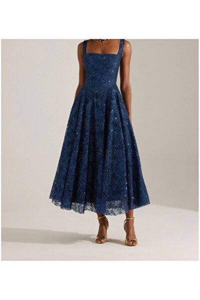 UZER lacivert Işıltılı simli Jacquard Dokulu Kare Yaka Couture premium abiye ...