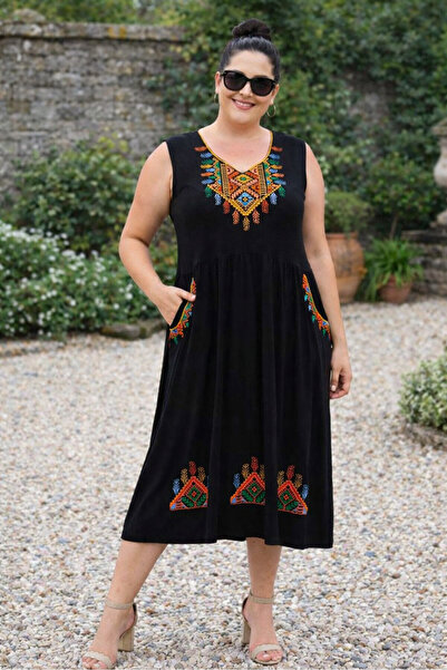 FOR ESRA BIG TREND Women's Plus Size V Neck Ethnic Pattern Embroidery Pocket ...