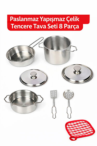 a v d a 8 Parça Paslanmaz Yapışmaz Çelik Tencere Tava Seti | Mutfak Oyun Seti...