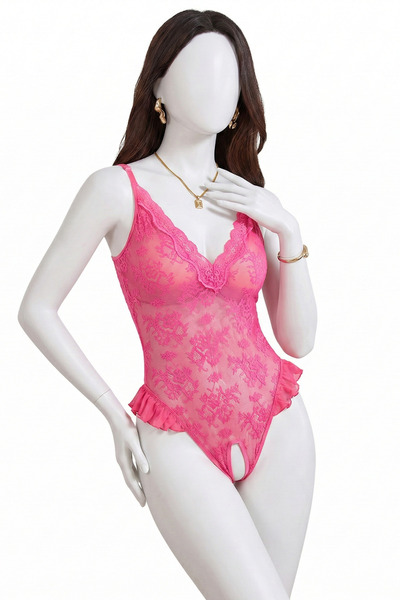 Lingerie and Fashion Style بودي سوت شبكي دانتيل روز رِد بفتحة أمامية