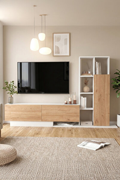 Yurudesign Blaze Tv Ünitesi Kapaklı Kitaplık Raf Sepet-Beyaz BE1-SW