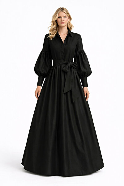 UNTIMELY Balon Kol Detaylı & Piliseli Seyyar Kuşaklı Tafta Maxi Elbise