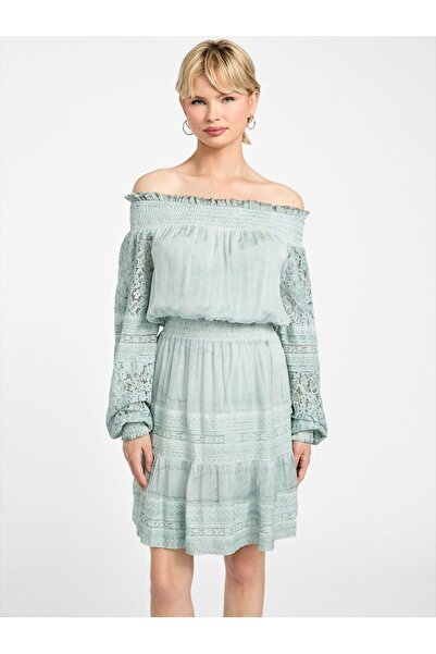 Guess Silk-blend off-shoulder mini dress