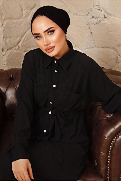 TRENDTESETTÜR KADIN SİYAH DÜĞMELİ KUŞAKLI İKİLİ PANTOLONLU TAKIM T 4492