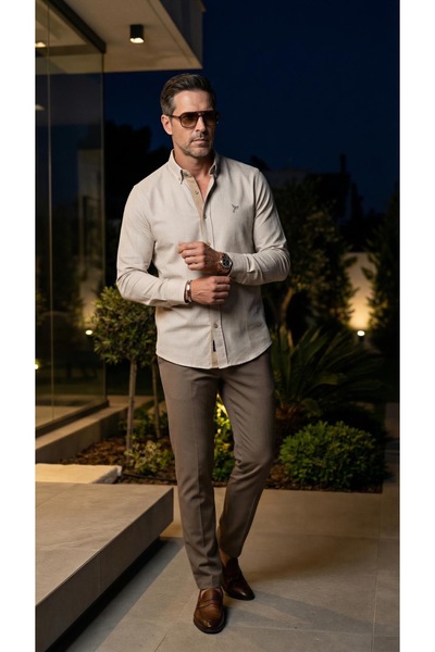MEGALDİ Erkek Slim Fit Kesim Tansel Bej Uzun Kollu Gömlek