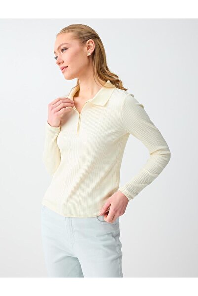 Jimmy Key Light Yellow Polo Neck Striped Long Sleeve Knitted Blouse
