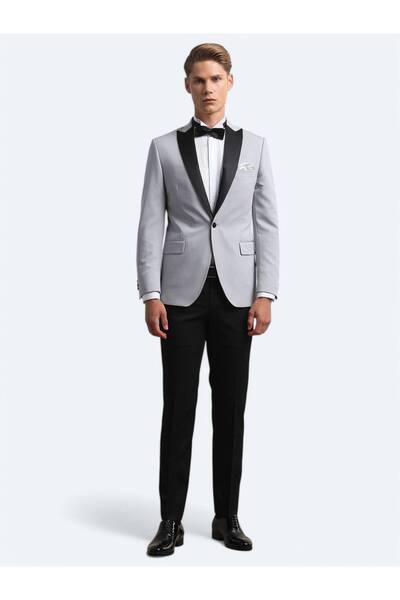 Kip Ανοιχτό γκρι Slim Fit υφαντό κοστούμι σμόκιν με γιακά πεταλούδα
