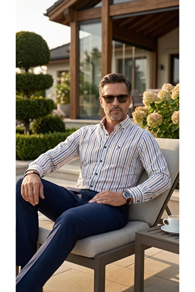 MEGALDİ Erkek Slim Fit Kesim Hardal Çizgili Uzun Kollu Gömlek