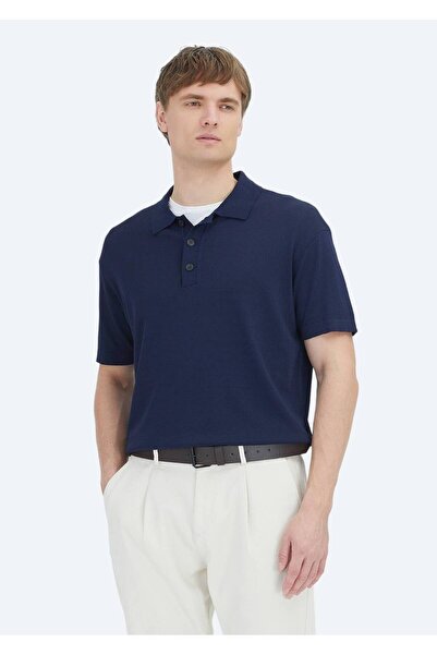 Ramsey Navy Blue Polo Collar Plain Knitted Knitwear