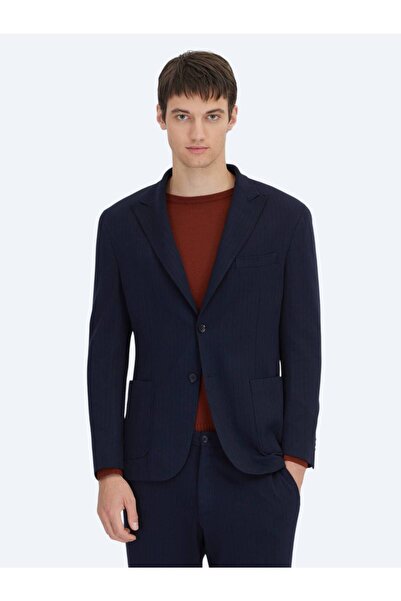 Kip Navy Blue Striped Modern Fit Knitted Suit