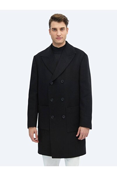 Kip Siyah Regular Fit Kruvaze Yaka Klasik Dokuma Palto