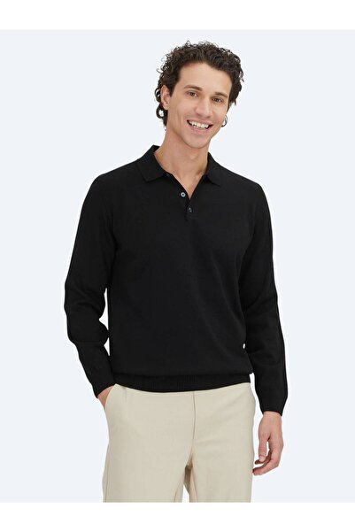Kip Siyah Polo Yaka Düz Örgü Triko Kazak