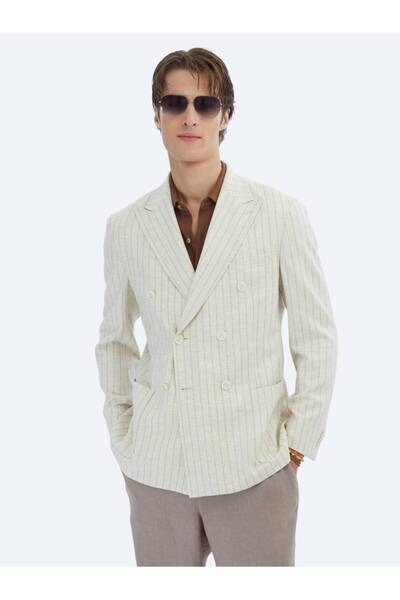 Kip Jachetă modernă din amestec de in cu dungi bej