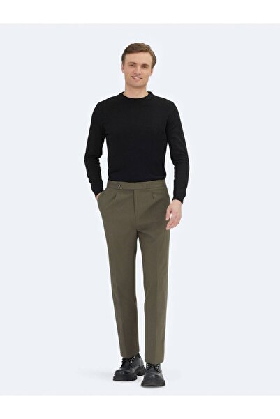 Kip Pantaloni casual din amestec de bumbac țesut kaki Carrot Fit