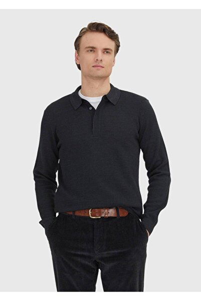 Ramsey Anthracite Polo Neck Jacquard Wool Blend Knit Sweater