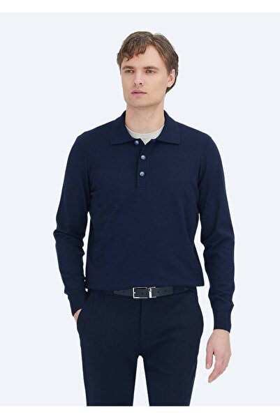 Ramsey Navy Blue Polo Neck Plain Knit Sweater