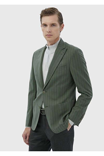 Ramsey Açık Yeşil Çizgili Zeroweight Slim Fit Pamuk Karışımlı Ceket