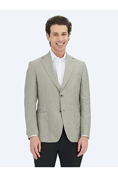 Kip Haki Düz Modern Fit Yün Karışımlı Ceket