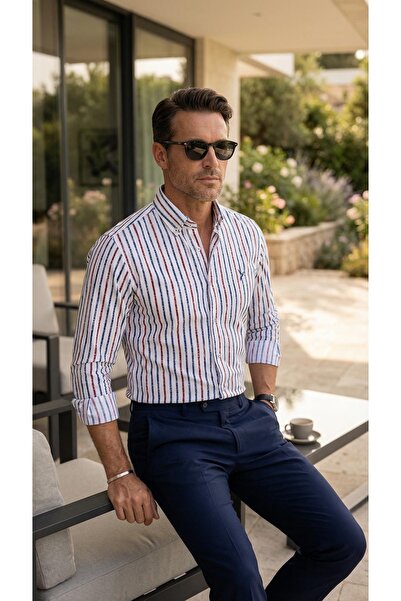 MEGALDİ Erkek Slim Fit Kesim Bordo Çizgili Uzun Kollu Gömlek