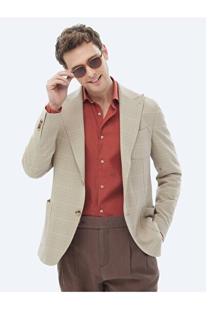 Kip Jachetă din amestec de lână, cu model în carouri, stil modern, Mink