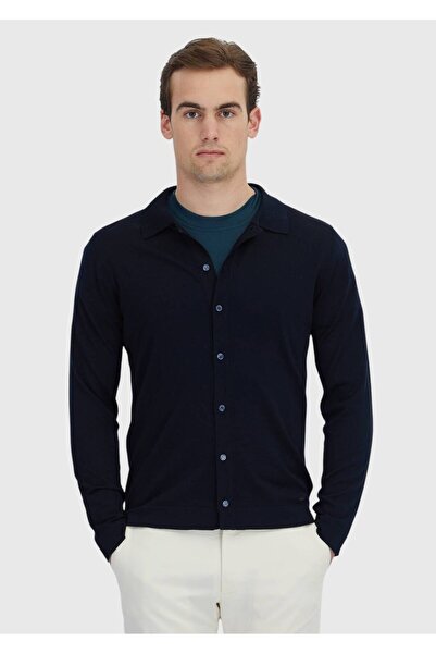Ramsey Navy Blue Polo Neck Plain Knit Wool Blend Cardigan
