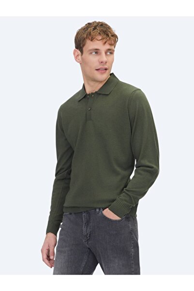 Kip Pulover din tricotaj din amestec de lână jacquard cu guler polo kaki