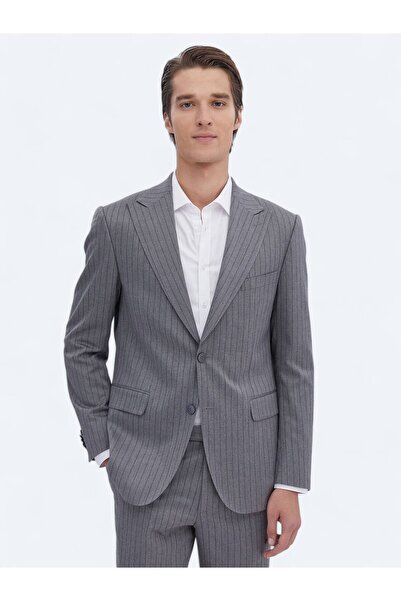 Kip Gri Çizgili Modern Fit Takım Elbise