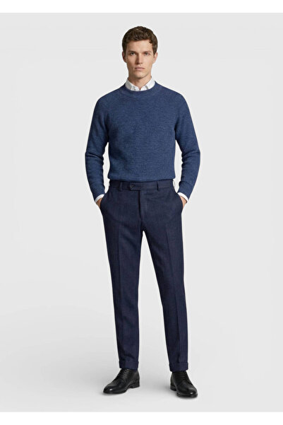 Ramsey Light Navy Blue Patterned Woven Regular Fit Casual Wool Blend Trousers