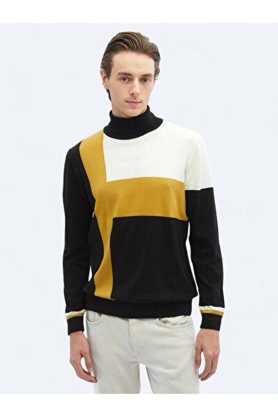Kip Black Full Turtleneck Patterned Cotton Blended Sweater Sweater