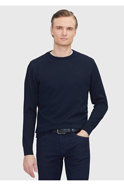 Ramsey Navy Blue Crew Neck Plain Knit Wool Blended Sweater