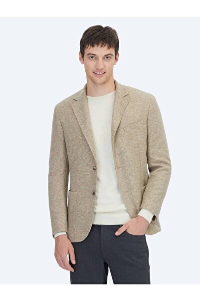 Kip Beige Patterned Modern Fit Wool Blend Knitted Jacket