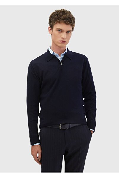 Ramsey Pulover din tricot 100% lână cu gât polo bleumarin