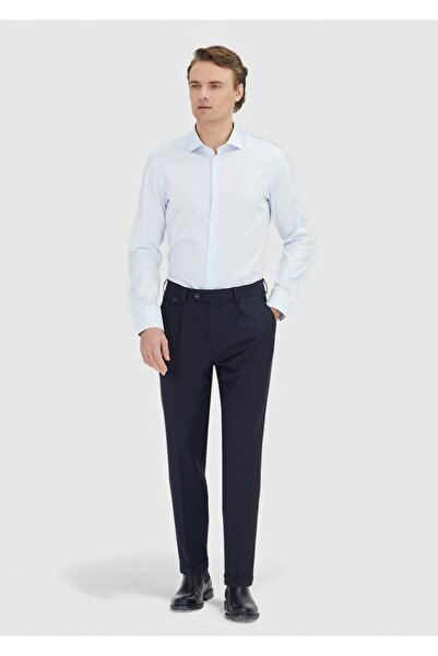 Ramsey Navy Blue Plain Woven Regular Fit Casual Wool Blend Trousers