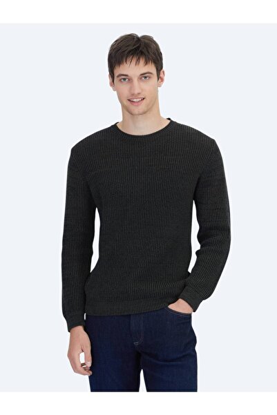 Kip Black Crew Neck Patterned Cotton Blend Sweater Sweater