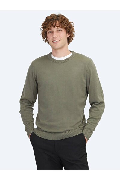Kip Light Khaki Crew Neck Jacquard Wool Blend Knit Sweater