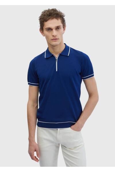 Ramsey Tricotaj cu guler polo albastru marin bumbac 100%