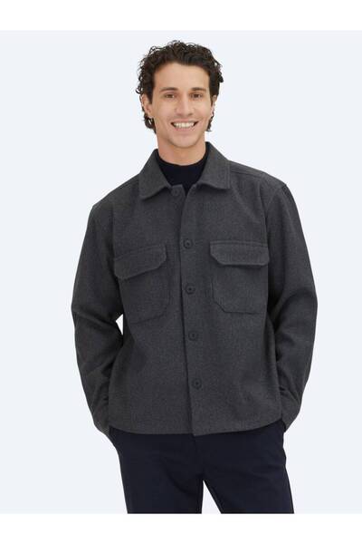 Kip Anthracite Plain Regular Fit Woven Overshirt