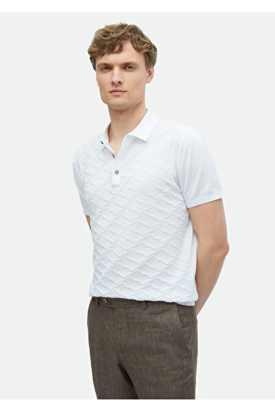 Ramsey Tricotaj alb cu gât polo jacquard 100% bumbac