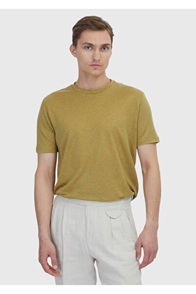 Ramsey Oil Green Plain Crew Neck 100% Linen T-Shirt