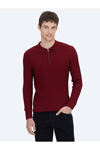 Kip Kırmızı Polo Yaka Jakarlı Yün Karışımlı Triko Kazak