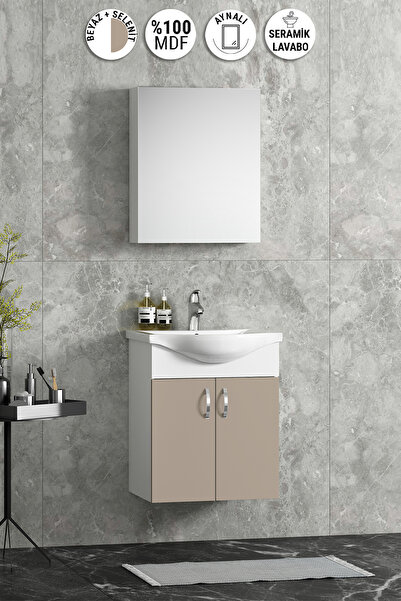 ÖZCEDEN Yıldız 50 cm Selenit MDF Seramik Lavabolu Asma Banyo Dolabı Takım