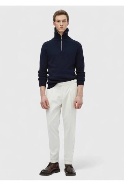 Ramsey Ekru Düz Dokuma Carrot Fit Casual Pamuk Karışımlı Pantolon