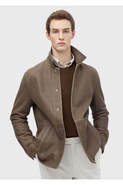 Ramsey معطف جلدي كاجوال بياقة قميص بني اللون