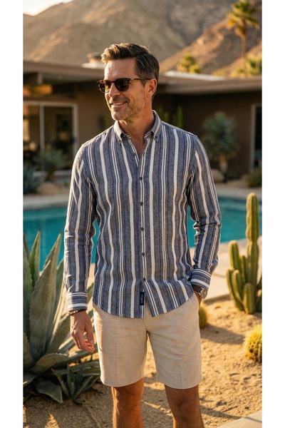 MEGALDİ Erkek Slim Fit Kesim Keten Lacivert Çizgili Uzun Kollu Gömlek