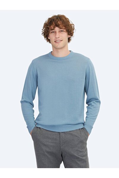 Kip Aviator Blue Crew Neck Jacquard Wool Blend Knit Sweater