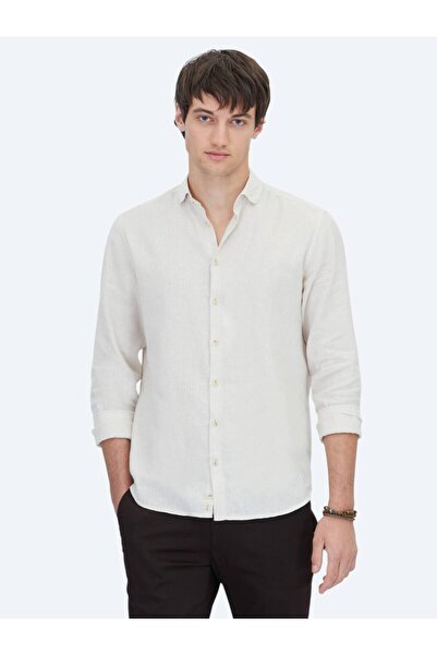 Kip Ecru Plain Regular Fit Woven Casual Cotton Blend Shirt