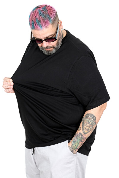 ModeXL Büyük Beden Erkek Bisiklet Yaka Basic T-Shirt %100 Pamuk 20031 Siyah